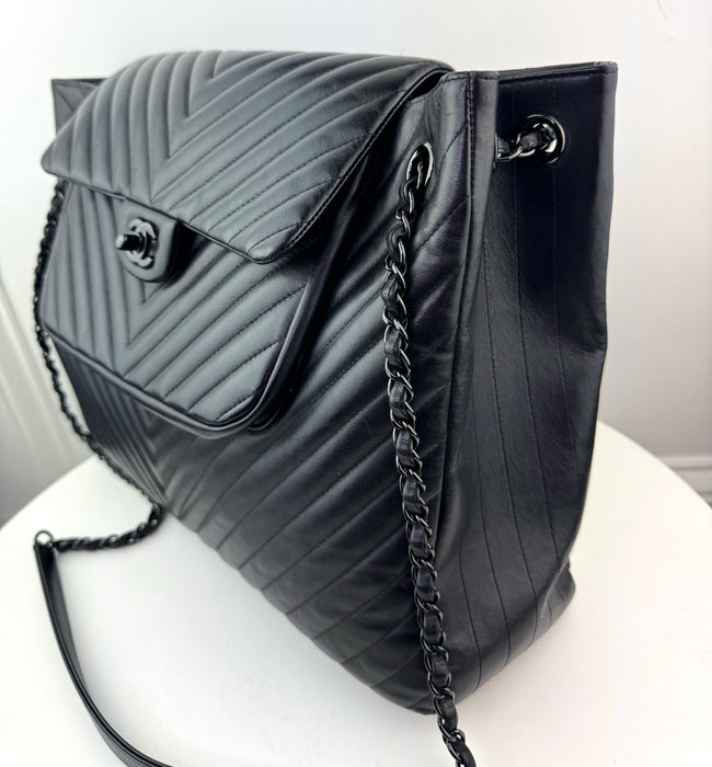 Chanel So Black Classic Flap Shopping Tote Chevron Lambskin Large