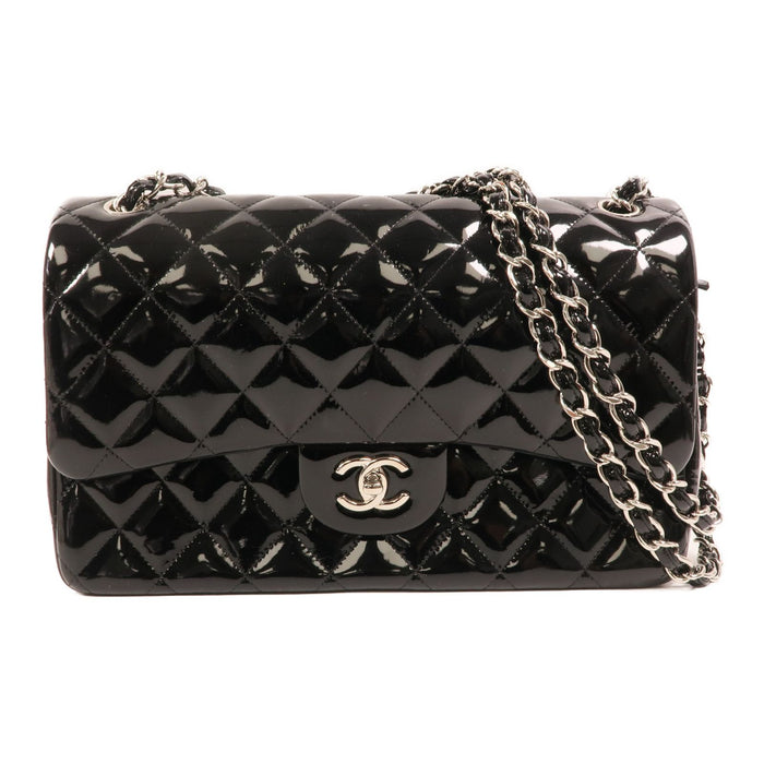Chanel Black Jumbo Patent Leather Double Flap Silver hardware
