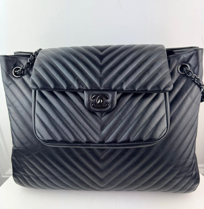 Chanel So Black Classic Flap Shopping Tote Chevron Lambskin Large