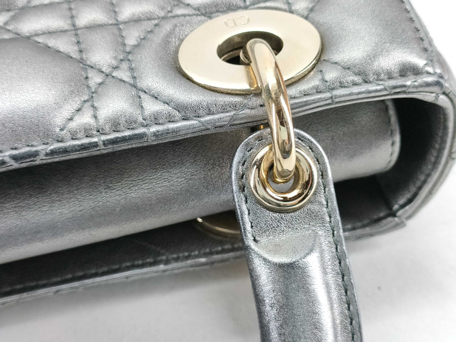 Dior Lady Cannage Leather Handbag Metallic Silver small