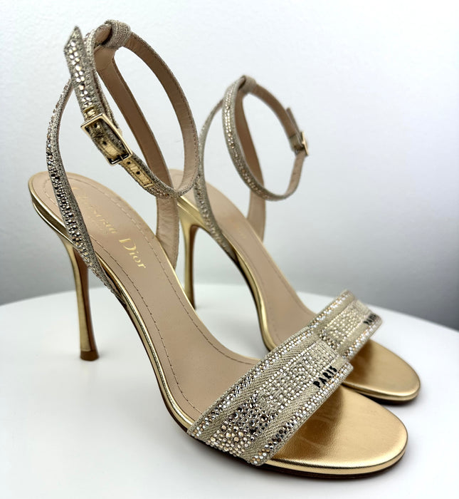 Dior Dway Heeled Sandal Gold-Tone Cotton Embroidered with Metallic & Strass