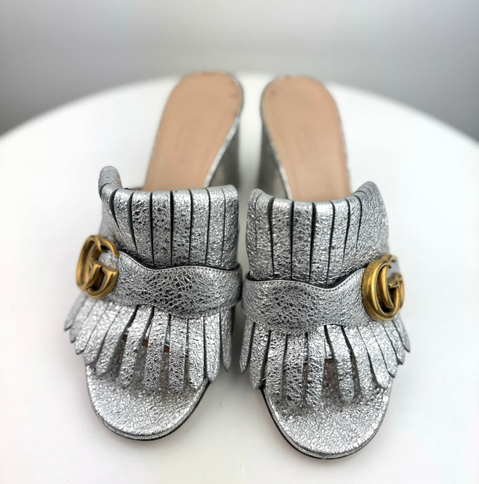 Gucci Marmont Fringe Mules silver