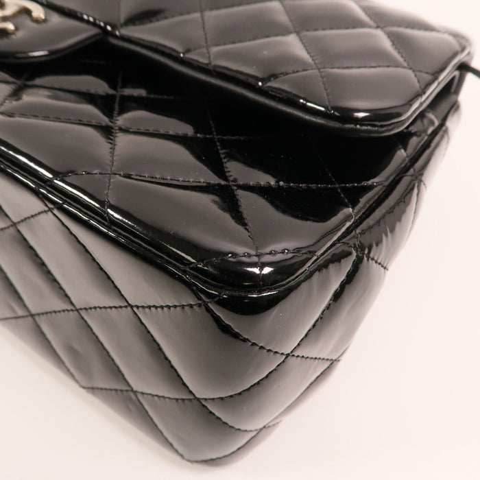 Chanel Black Jumbo Patent Leather Double Flap Silver hardware