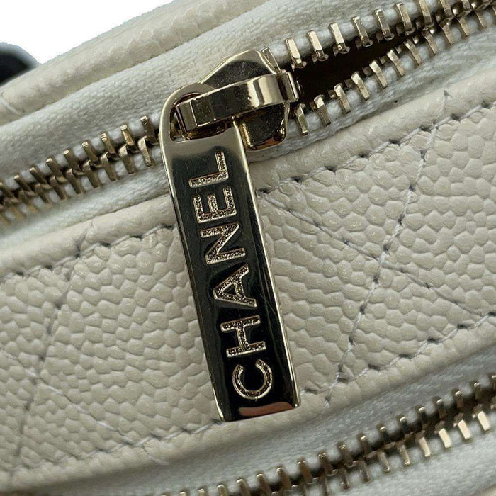 Chanel Caviar White  Top Handle Small Round Vanity Case Gold Hardware,