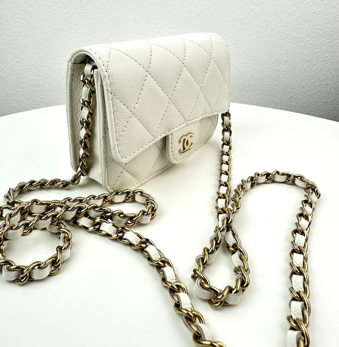 Chanel Caviar Quilted Flap Card Holder On Chain white