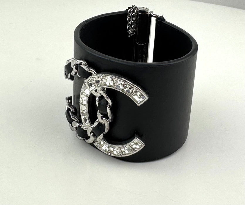 Chanel Lambskin Baguette Crystal CC Chain Cuff Bracelet black