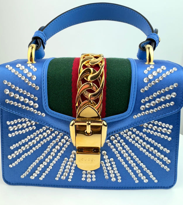 Gucci Satin Blue Sylvie Crystal Mini Bag