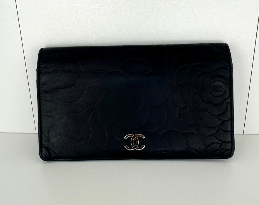 Chanel Camellia embossed lambskin leather flap wallet