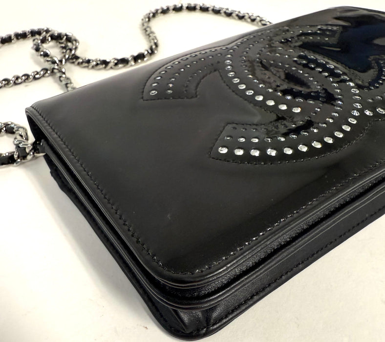 Chanel Black Patent Leather Crystal CC Wallet on a Chain