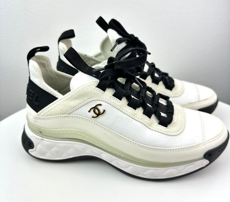 Chanel Mixed Fabric Sneakers in White Beige and Black