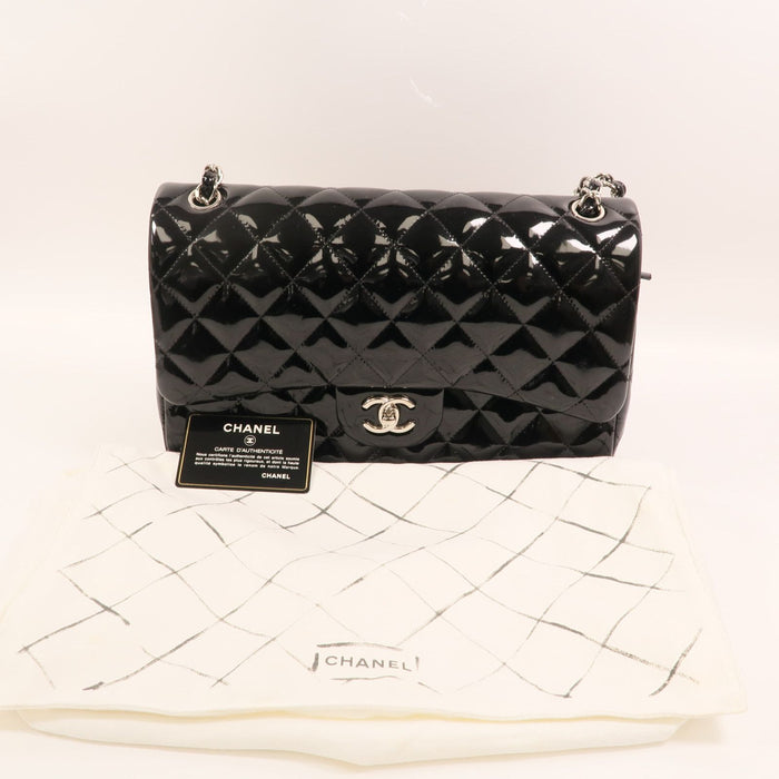 Chanel Black Jumbo Patent Leather Double Flap Silver hardware
