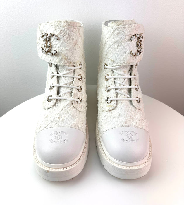 Chanel Women Lace Up Boots White Tweed