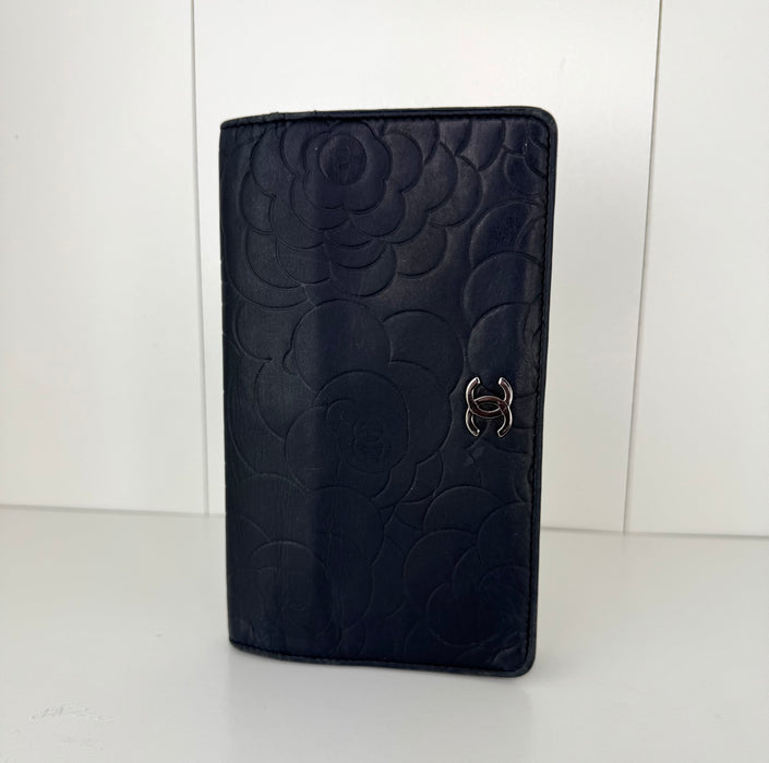 Chanel Camellia embossed lambskin leather flap wallet