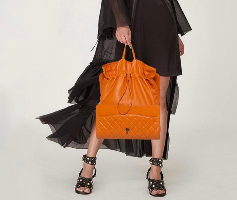 Chanel Orange Leather Grocery By Chanel Drawstring Flap Bag
