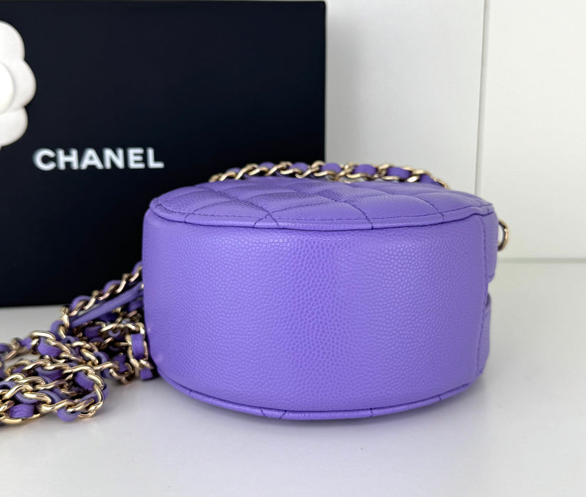 Caviar Quilted Round Clutch With Chain Purple