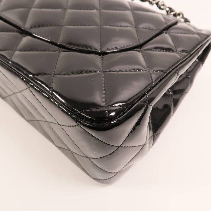 Chanel Black Jumbo Patent Leather Double Flap Silver hardware
