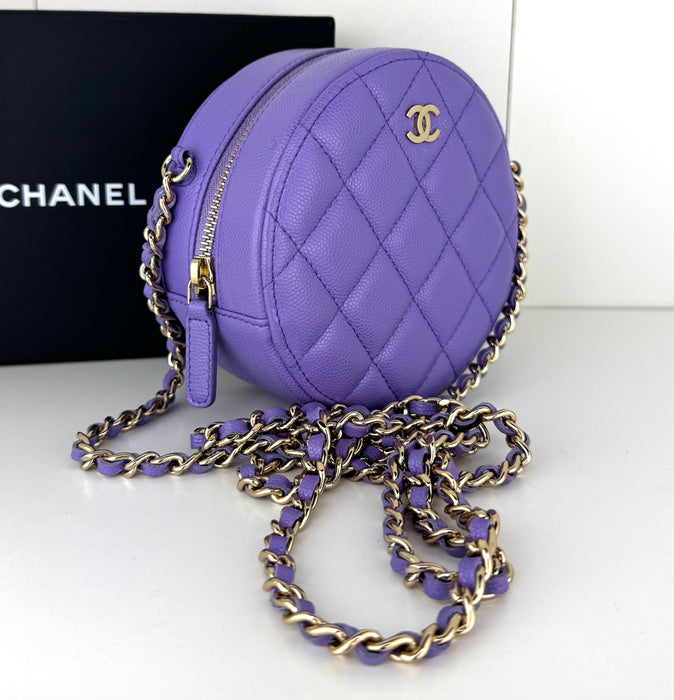 Caviar Quilted Round Clutch With Chain Purple