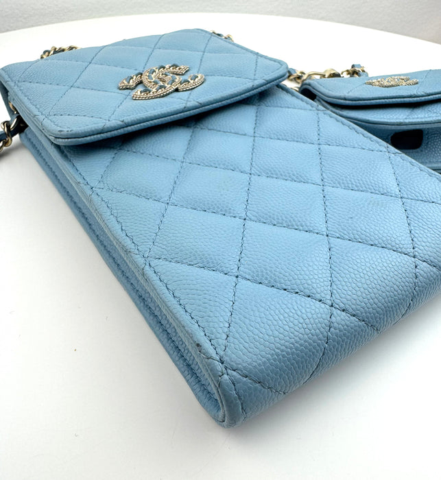 Chanel Crossbody Chain with AirPods Case Light Blue