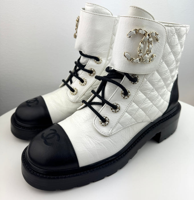 Chanel Women Lace Up Boots White and Black