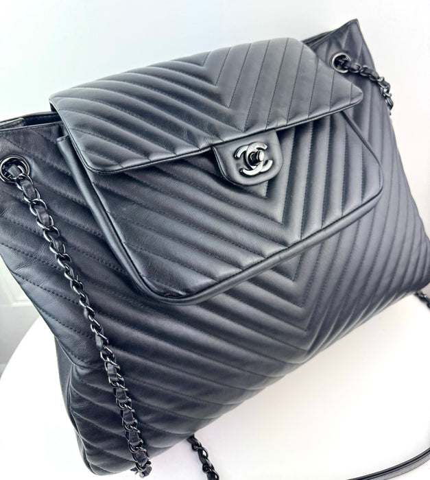 Chanel So Black Classic Flap Shopping Tote Chevron Lambskin Large