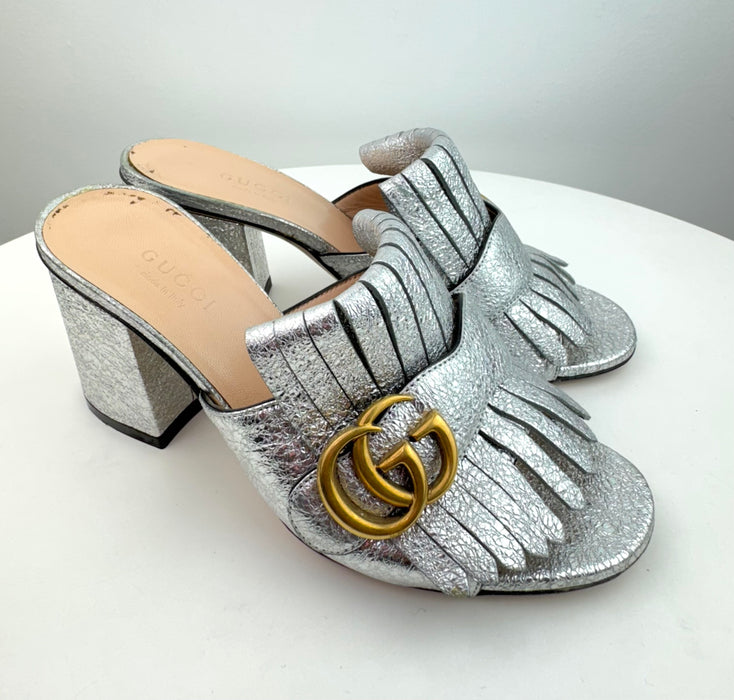 Gucci Marmont Fringe Mules silver