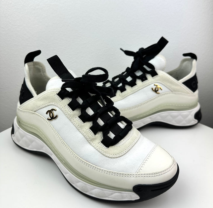 Chanel Mixed Fabric Sneakers in White Beige and Black