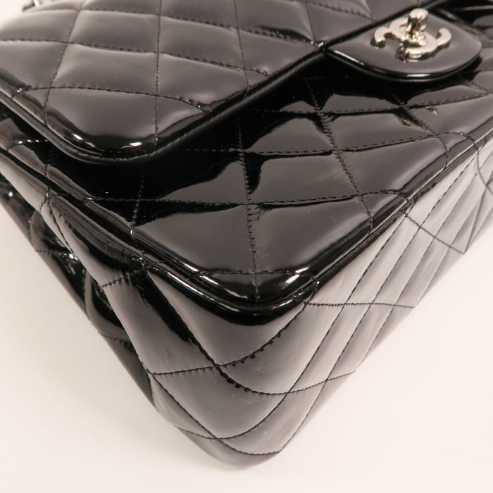Chanel Black Jumbo Patent Leather Double Flap Silver hardware