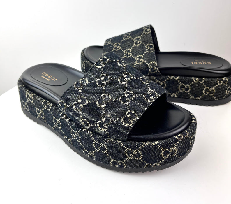 Gucci Platform Slide Sandal in Black and Ivory GG Denim