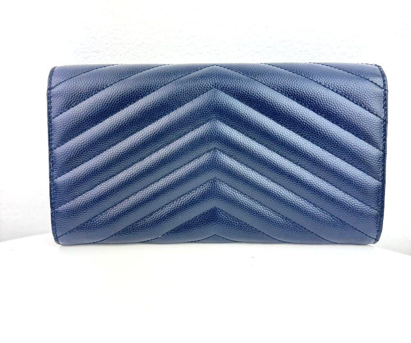Saint Laurent Large Flap Wallet in Navy  Leather with Gold Hardware