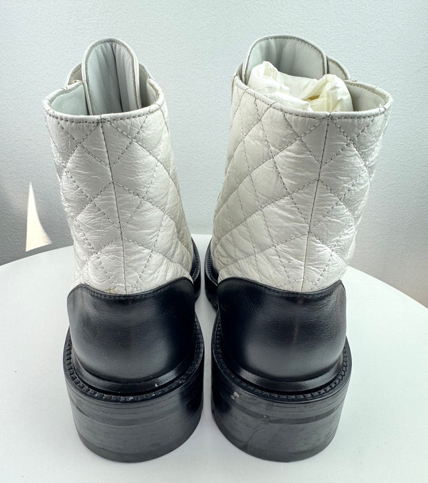 Chanel Women Lace Up Boots White and Black