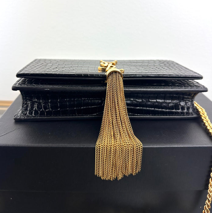 Saint Laurent Monogram Kate Tassel Wallet On Chain Croc Embossed