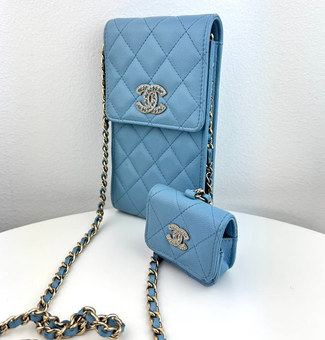 Chanel Crossbody Chain with AirPods Case Light Blue