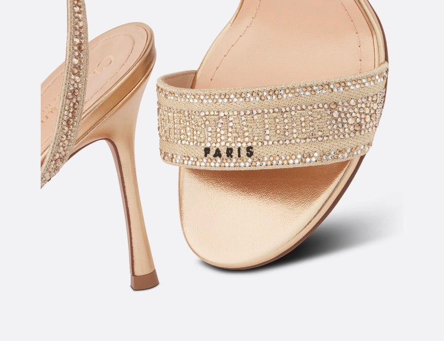 Dior Dway Heeled Sandal Gold-Tone Cotton Embroidered with Metallic & Strass