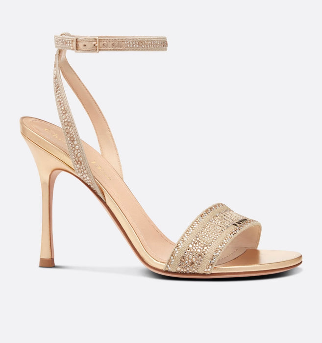 Dior Dway Heeled Sandal Gold-Tone Cotton Embroidered with Metallic & Strass