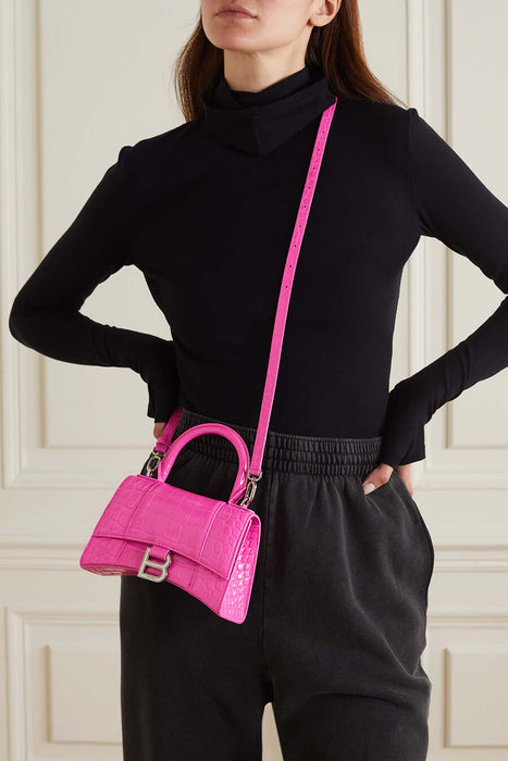 Balenciaga Pink Croc Embossed Hourglass XS Top-handle Bag