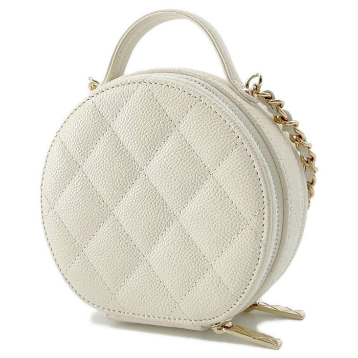 Chanel Caviar White  Top Handle Small Round Vanity Case Gold Hardware,