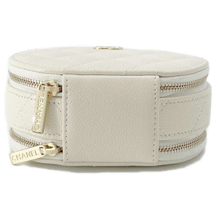 Chanel Caviar White  Top Handle Small Round Vanity Case Gold Hardware,
