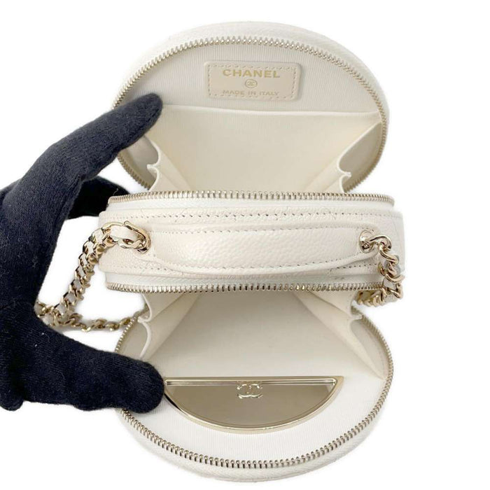 Chanel Caviar White  Top Handle Small Round Vanity Case Gold Hardware,