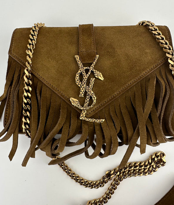 Saint Laurent Brown Baby Serpent Fringed Suede Chain Crossbody Bag