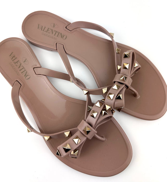 Valentino Rockstud PVC Flat Thong Sandals in Nude