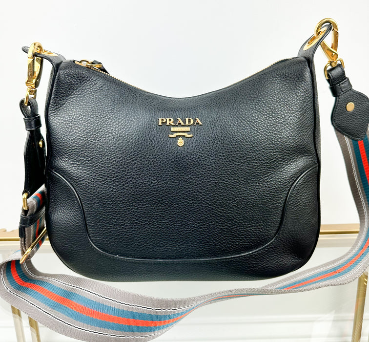 Prada Black Vitello Phenix Leather Web Stripe Strap Crossbody