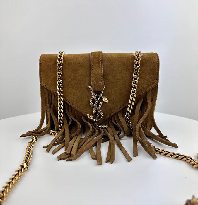 Saint Laurent Brown Baby Serpent Fringed Suede Chain Crossbody Bag