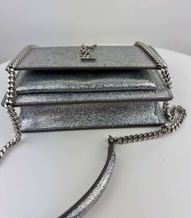 Saint Laurent Mini Sunset Crackle Metallic Silver Glitter Leather Crossbody Bag