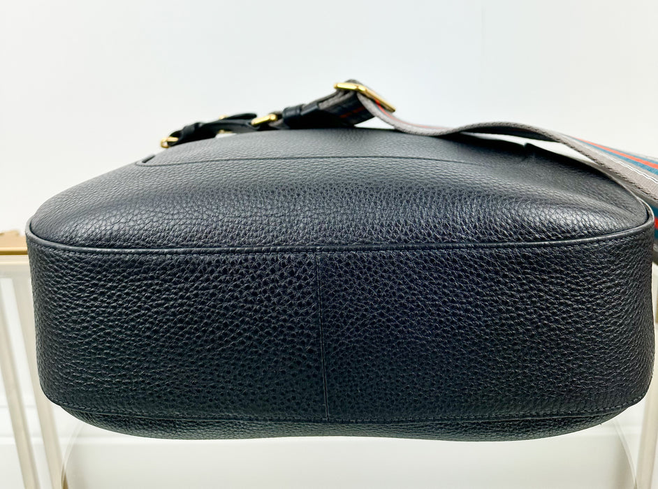 Prada Black Vitello Phenix Leather Web Stripe Strap Crossbody