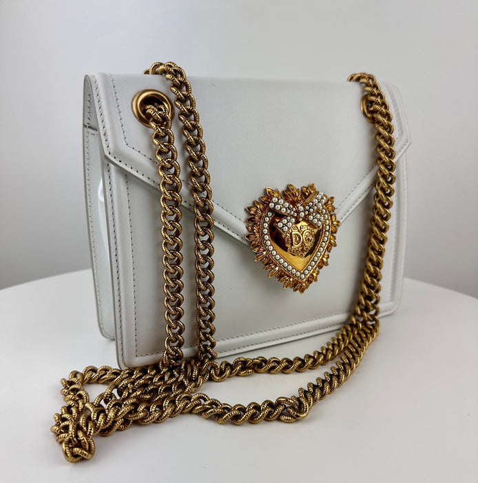 Dolce and Gabbana Small Smooth Calfskin Devotion Bag in White