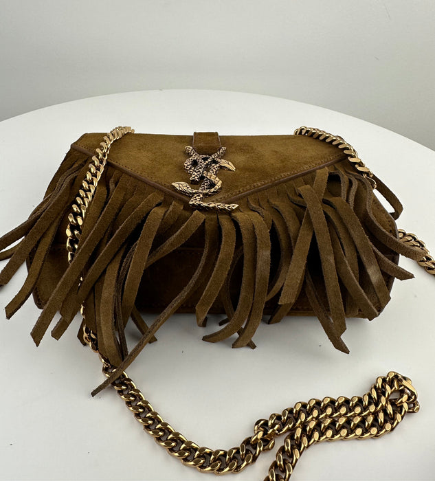 Saint Laurent Brown Baby Serpent Fringed Suede Chain Crossbody Bag