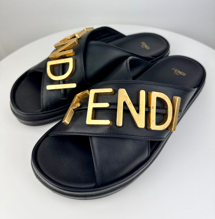 Fendi Vitello Logo Black Leather Sandals