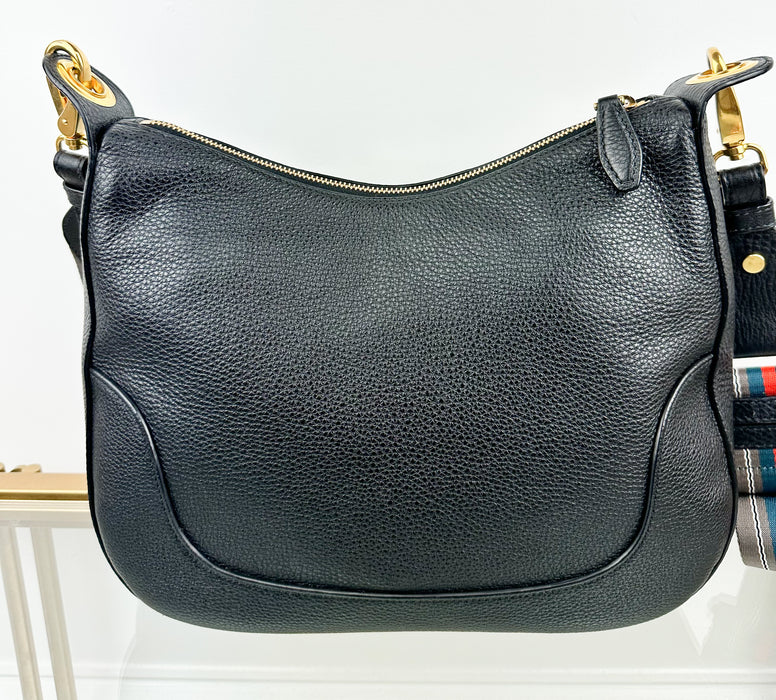 Prada Black Vitello Phenix Leather Web Stripe Strap Crossbody