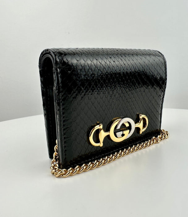 Gucci Zumi Black Snakeskin Gold Chain Bi-fold Mini Wallet