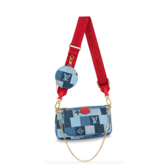 Louis Vuitton Denim Damier Monogram Patchwork Multi Pochette Accessories Bleu Rouge